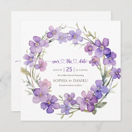 Frühjahr Delicate Violet Blume Babydusche Save The Date (Vorne/Hinten)