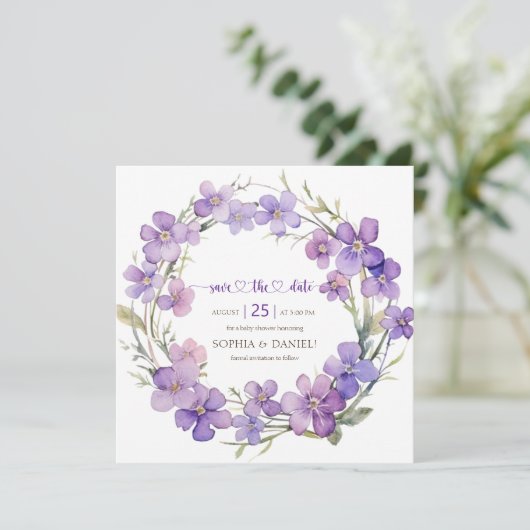 Frühjahr Delicate Violet Blume Babydusche Save The Date (Stehend Vorderseite)