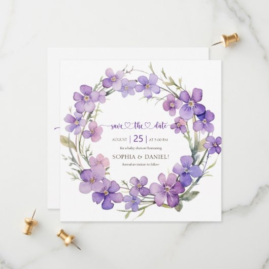 Frühjahr Delicate Violet Blume Babydusche Save The Date (Vorderseite/Rückseite Beispiel)