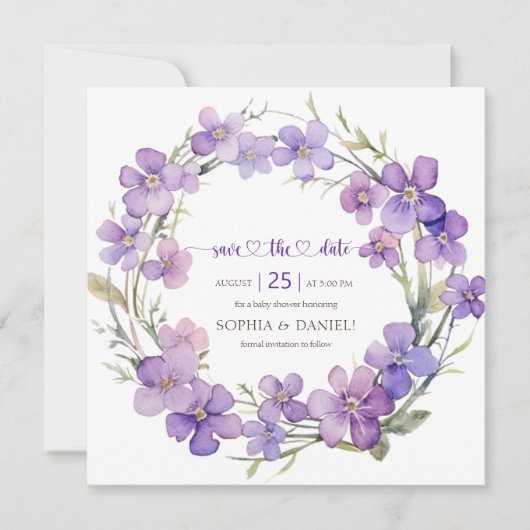 Frühjahr Delicate Violet Blume Babydusche Save The Date (Vorderseite)