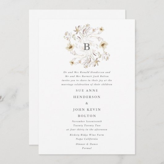 Frühjahr Elegante Wildblume Wreath Blumenzwiese Einladung (Vorne/Hinten)