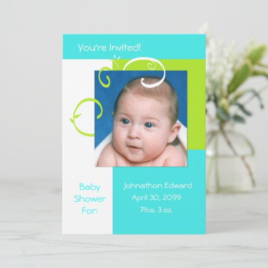 Frühjahr Fresh Foto Baby Dusche Cyan Blue und Gree Einladung (Stehend Vorderseite)