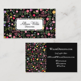 Frühjahr für Wildblumen Blumenmuster auf Schwarz Visitenkarte