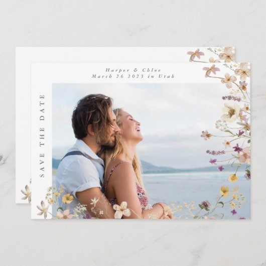 Frühjahr Gerahmte Wildblume Boho Wedding Foto Save The Date (Vorne/Hinten)