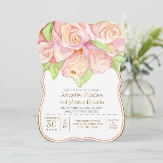 Frühjahr Hochzeit Wasserfarbe Rose Bouquet Einladung (Stehend Vorderseite)