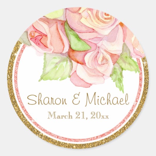 Frühjahr Hochzeit Wasserfarbe Rose Bouquet Runder Aufkleber (Vorderseite)