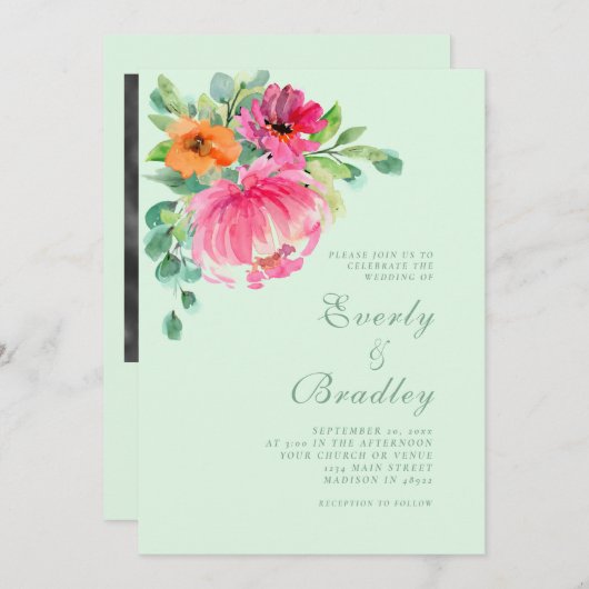 Frühjahr Sommer kühne florale Sage Green Foto Hoch Einladung (Vorne/Hinten)