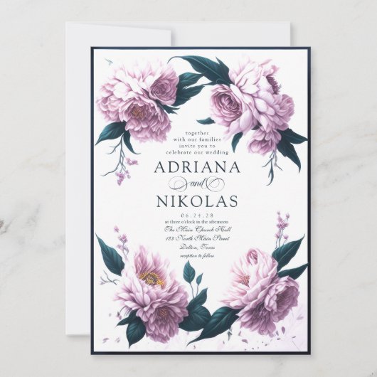 Frühjahr Sommerpink Peony Blue Leaf Blumenzange Einladung (Vorderseite)