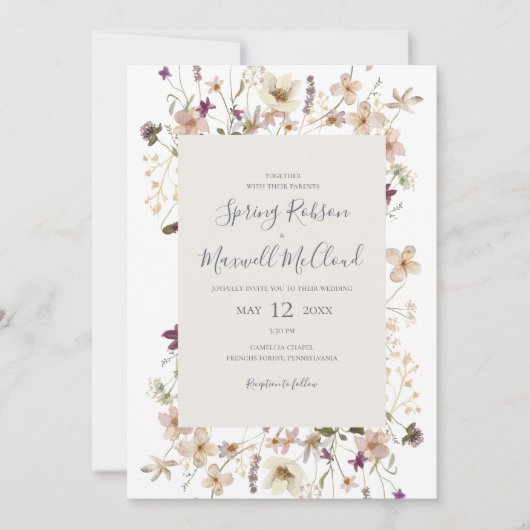 Frühjahr Wildblume Rahmen Lässige Hochzeit Einladung (Vorderseite)