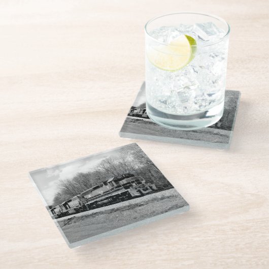 Frühjahr-Zug B&W Glasuntersetzer (Schrägansicht)