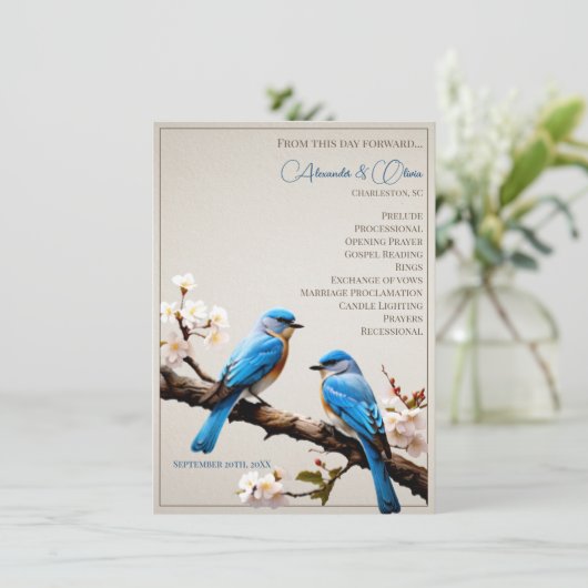 Frühjahrs-Bluebirds-Hochzeitsprogramm (Stehend Vorderseite)