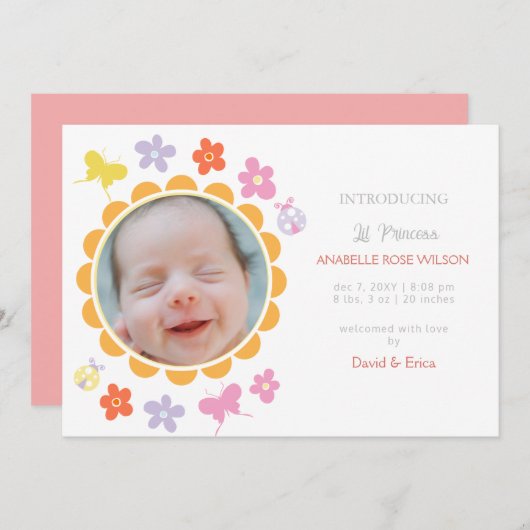 Frühjahrs-Blumenblüten Girl Foto Geburtserklärung Ankündigung (Vorne/Hinten)
