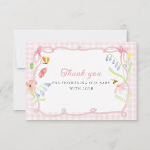 Frühjahrs-Blumenmuster Rosa Gingham Baby Shower Dankeskarte