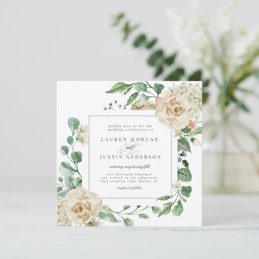 Frühjahrs-Cream Garden Blumenplatz Hochzeitskarte Einladung (Stehend Vorderseite)