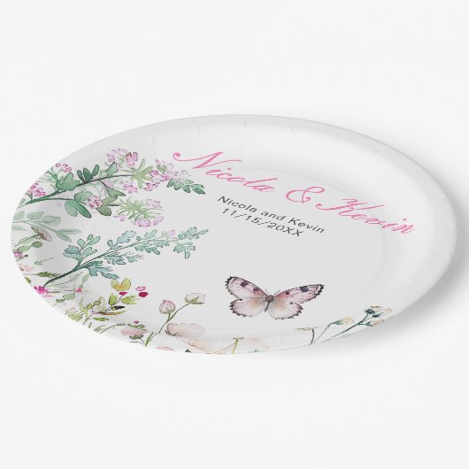 Frühjahrs-Grünen-Schmetterling-Hochzeit Pappteller (Schrägansicht)