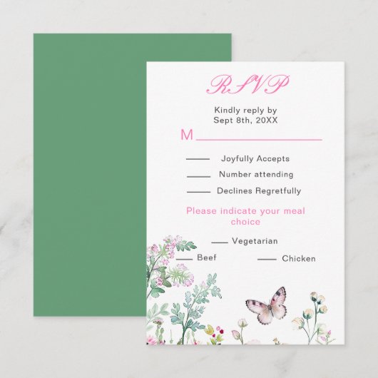 Frühjahrs-Grünen-Schmetterling-Hochzeit RSVP Karte (Vorne/Hinten)