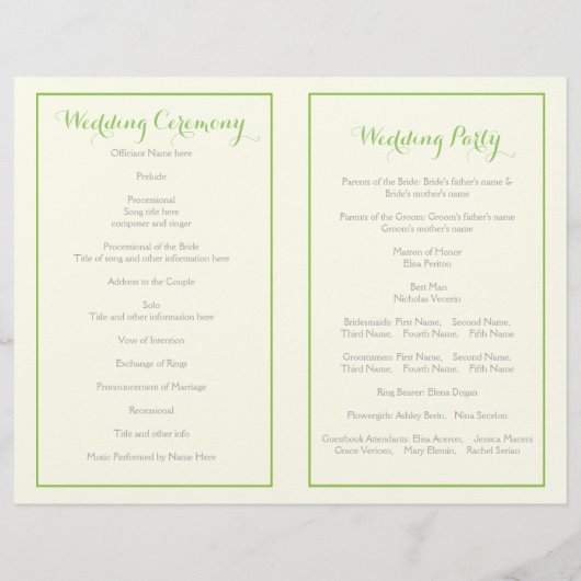 Frühjahrs-Grünfolienrahmen Hochzeitsprogramm (Rückseite)