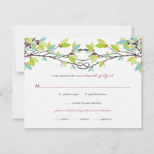 Frühjahrs-Grünknottierter Liebe Bäume Hochzeitstic RSVP Karte (Vorderseite)
