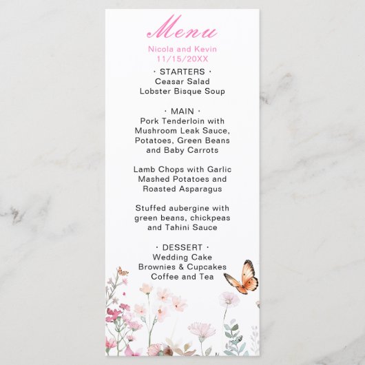 Frühjahrs-Hochzeit in Pink-Schmetterling Menükarte (Vorderseite)