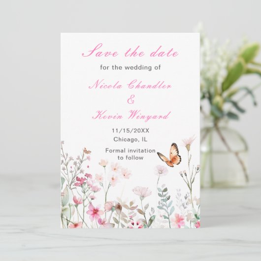 Frühjahrs-Hochzeit in Pink-Schmetterling Save The Date (Stehend Vorderseite)