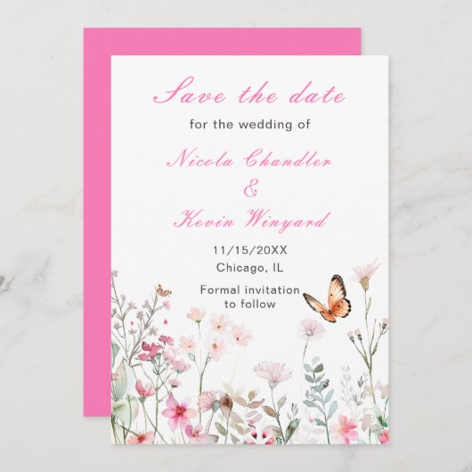 Frühjahrs-Hochzeit in Pink-Schmetterling Save The Date (Vorne/Hinten)