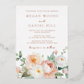 Frühjahrs-Pfirsichblütenblüte Hochzeitsfeier Rose Folieneinladung (Vorderseite)