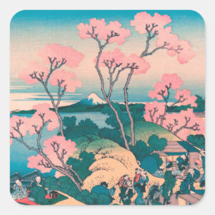 Frühjahrs-Picknick unter Kirschbaumblüten am Fuji Quadratischer Aufkleber