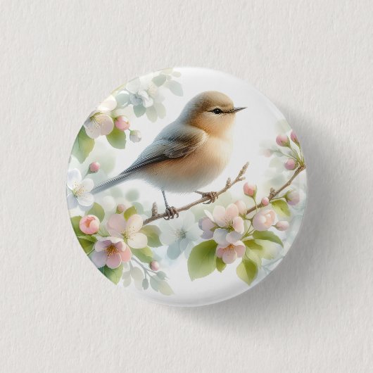 Frühjahrs-Vogel-Kirschblüten-Aquarell Button (Vorderseite)