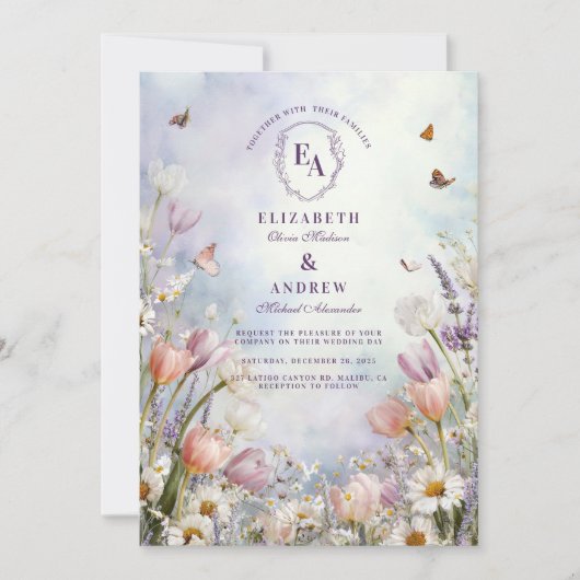 Frühjahrs-Wildblume-Butterfly-Hochzeit Einladung (Vorderseite)