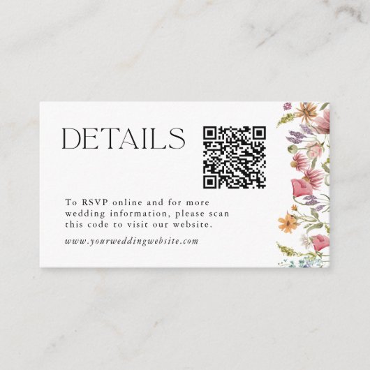 Frühjahrs-Wildblume QR-Code Hochzeitdetails Begleitkarte (Vorderseite)