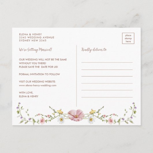 Frühjahrs-Wildblume-Wiese Hochzeit speichern Sie d Ankündigungspostkarte (Rückseite)