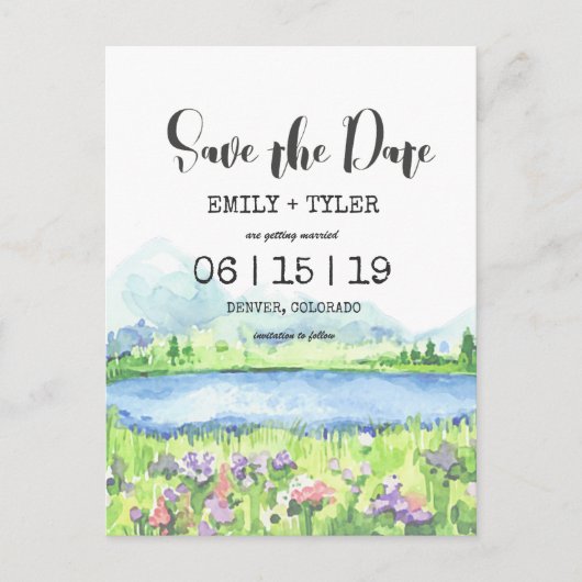 Frühjahrsbergwald am See Save the Date Ankündigungspostkarte (Vorderseite)
