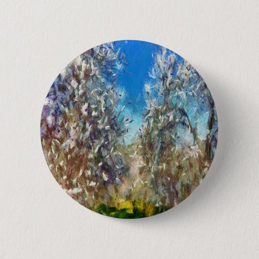 Frühjahrsblossom Almond Tree Pointillism Kunstwerk Button (Vorderseite)