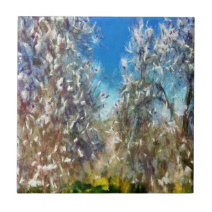Frühjahrsblossom Almond Tree Pointillism Kunstwerk Fliese