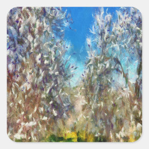 Frühjahrsblossom Almond Tree Pointillism Kunstwerk Quadratischer Aufkleber
