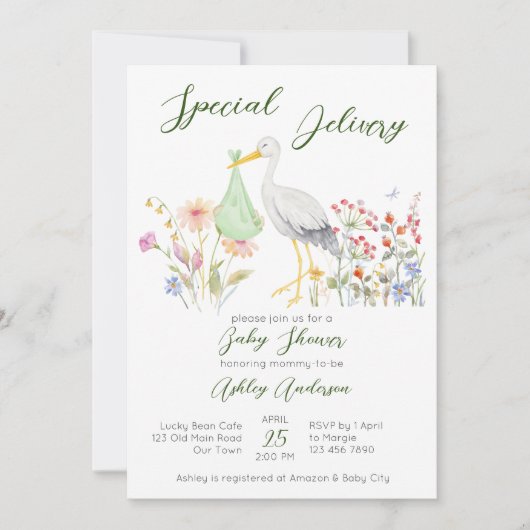 Frühjahrsblumen mit Spezial-Lieferstorch Babydusch Einladung (Vorderseite)