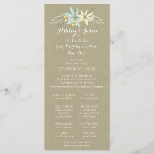 Frühjahrsblumen und Burlap-Foto-Hochzeitsprogramm Programm (Rückseite)