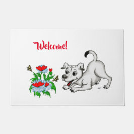 Frühjahrserwachen, Welpe mit Blume und Schmetterli Fußmatte