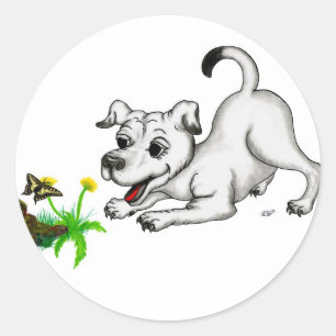 Frühjahrserwachen, Welpe mit Blume und Schmetterli Runder Aufkleber