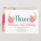 Frühjahrsgarten Blumenrosa Party 3. Geburtstag Einladung (Vorne/Hinten)