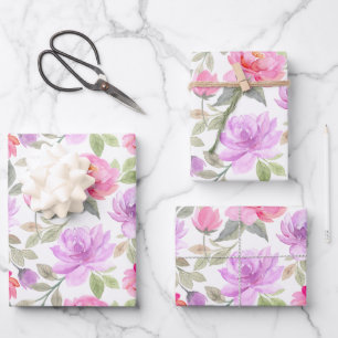 Frühjahrsgefühl: Rosa und lila Blumendesign Geschenkpapier Set