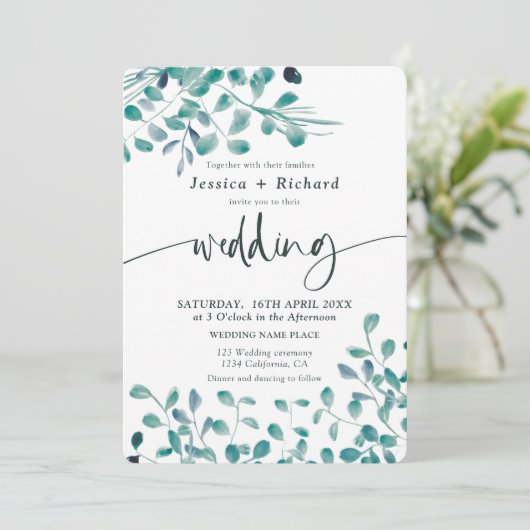 Frühjahrsgrün Eukalyptus Blütenhochzeit Einladung (Stehend Vorderseite)