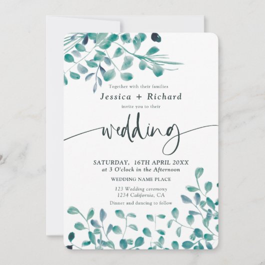 Frühjahrsgrün Eukalyptus Blütenhochzeit Einladung (Vorderseite)