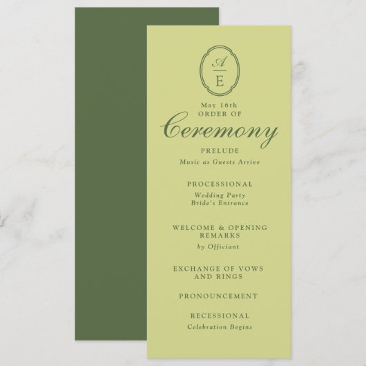 Frühjahrsgrünes Monogramm-Hochzeitsprogramm Einladung (Vorne/Hinten)