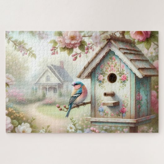 Frühjahrshaus mit pastellfarbenen Blume und Vogel Puzzle (Horizontal)