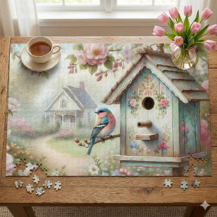 Frühjahrshaus mit pastellfarbenen Blume und Vogel Puzzle