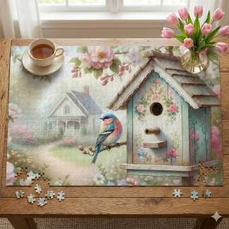 Frühjahrshaus mit pastellfarbenen Blume und Vogel Puzzle