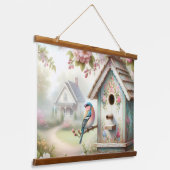 Frühjahrshaus mit pastellfarbenen Blume und Vogel Wandteppich Mit Holzrahmen (Gewinkelt)