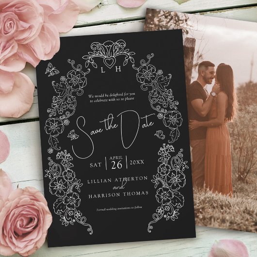 Frühjahrshochzeit Lilie Kunst Schwarz-weißes Foto Save The Date