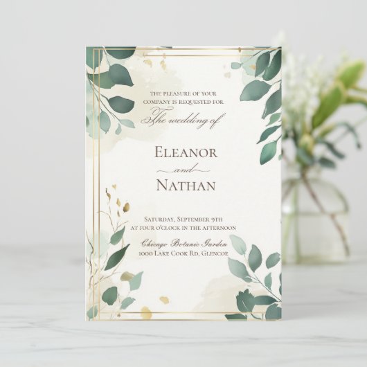 Frühjahrshochzeit und grüne Blätter Einladung (Stehend Vorderseite)